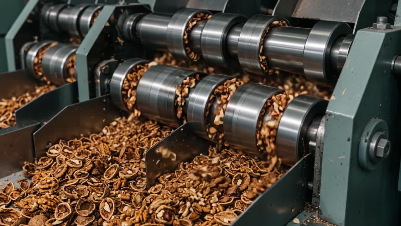 Industrial Processing of Natural Materials: Metal Machinery Separating and Cutting Shells for Further Processing in a Manufacturing Setup