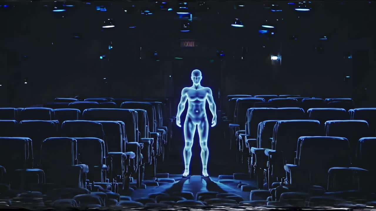 Luminous digital silhouette projecting human anatomy onto empty theater rows, creating immersive visual experience through ethereal light and architectural darkness