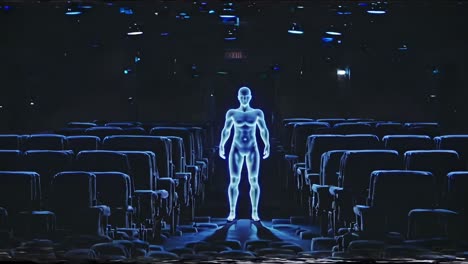 Luminous digital silhouette projecting human anatomy onto empty theater rows, creating immersive visual experience through ethereal light and architectural darkness