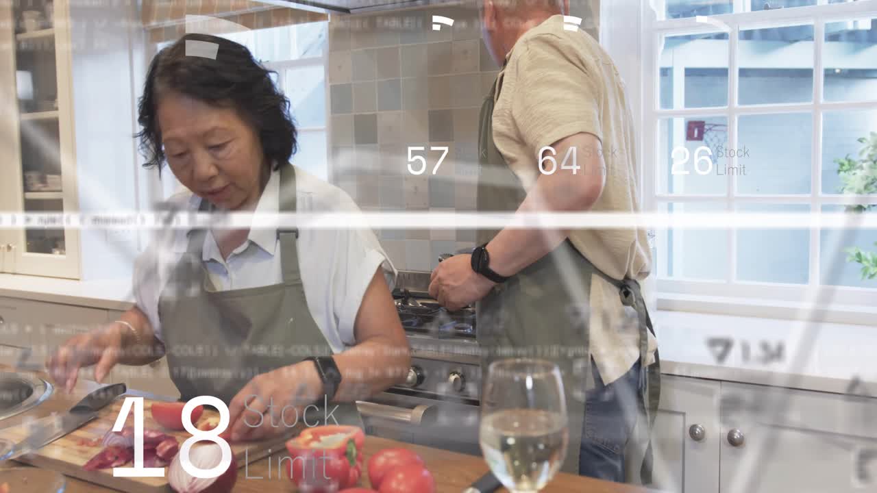 Couple cooking meal, woman starting chopping while man adjusting stove, overlay HUD tracking years