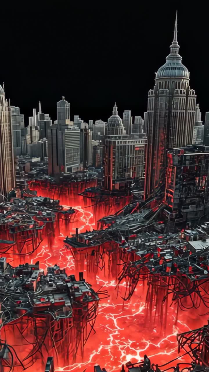Vertical video: Red glow appearing beneath city platforms, cracking ground and collapsing roadways