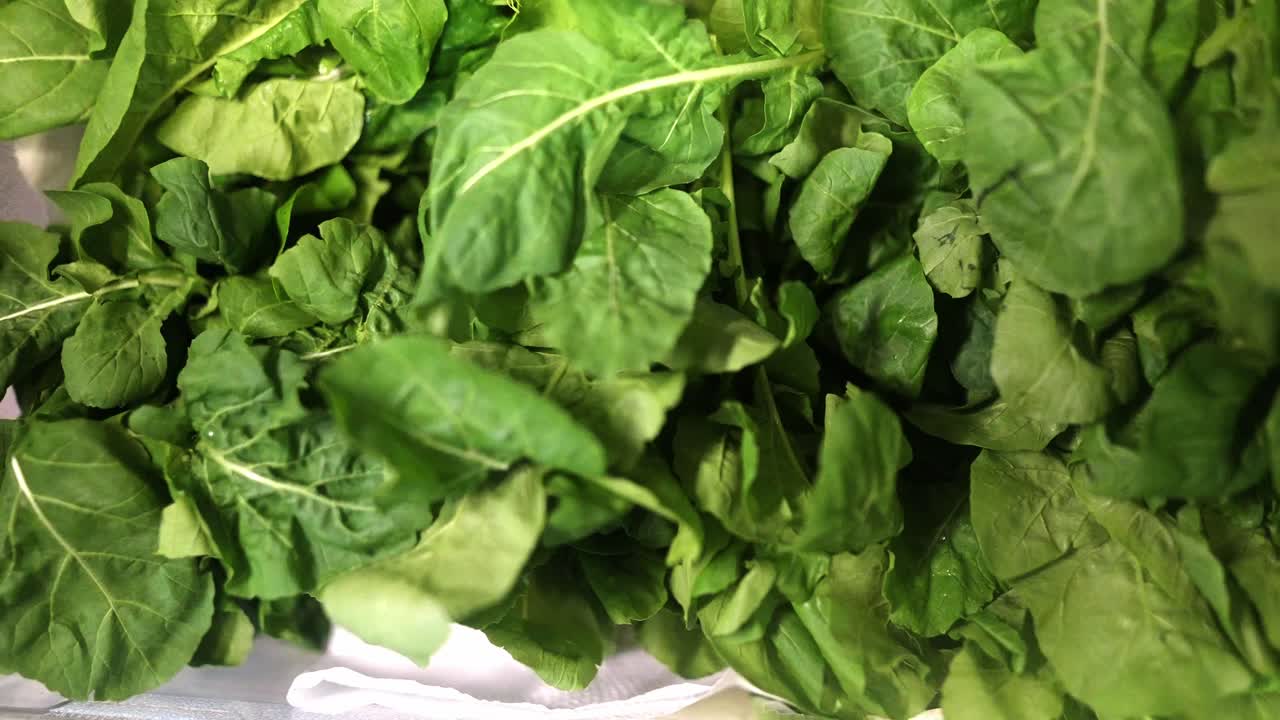 Slow motion close up view over a mix of green lettuce and arugula in a restaurant kitchen.