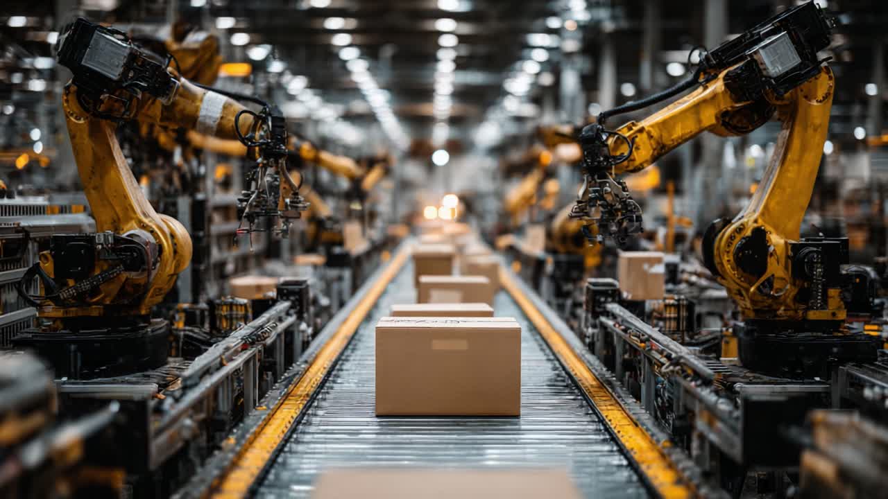 Automated Industrial Warehouse with Robotic Arms Handling Packages on a Production Line for Efficient Logistics Operations