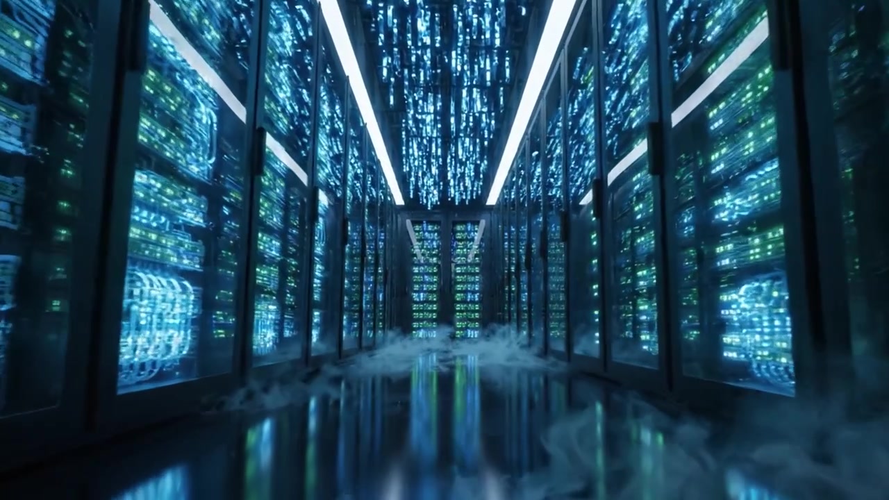 A Futuristic Data Center Showcase: Illuminated Server Racks and Foggy Atmosphere Illustrating Advanced Technology and Connectivity