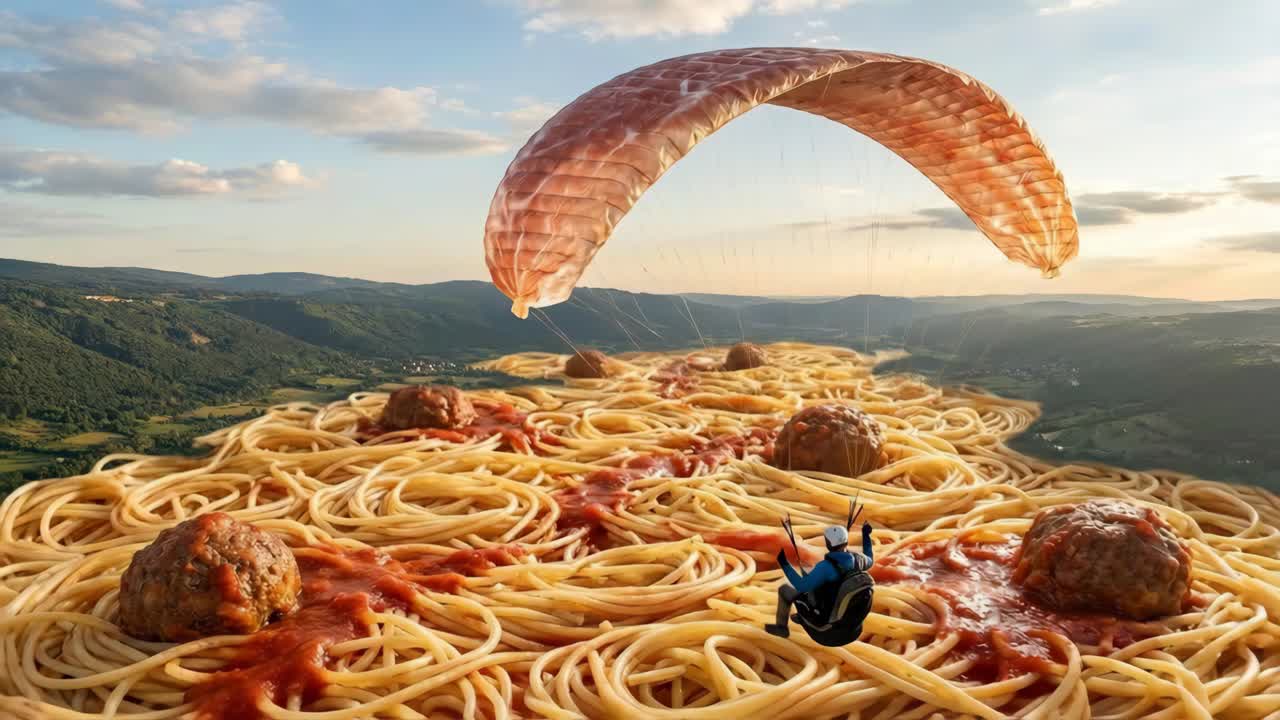 Volar en parapente sobre un paisaje de espaguetis con albóndigas