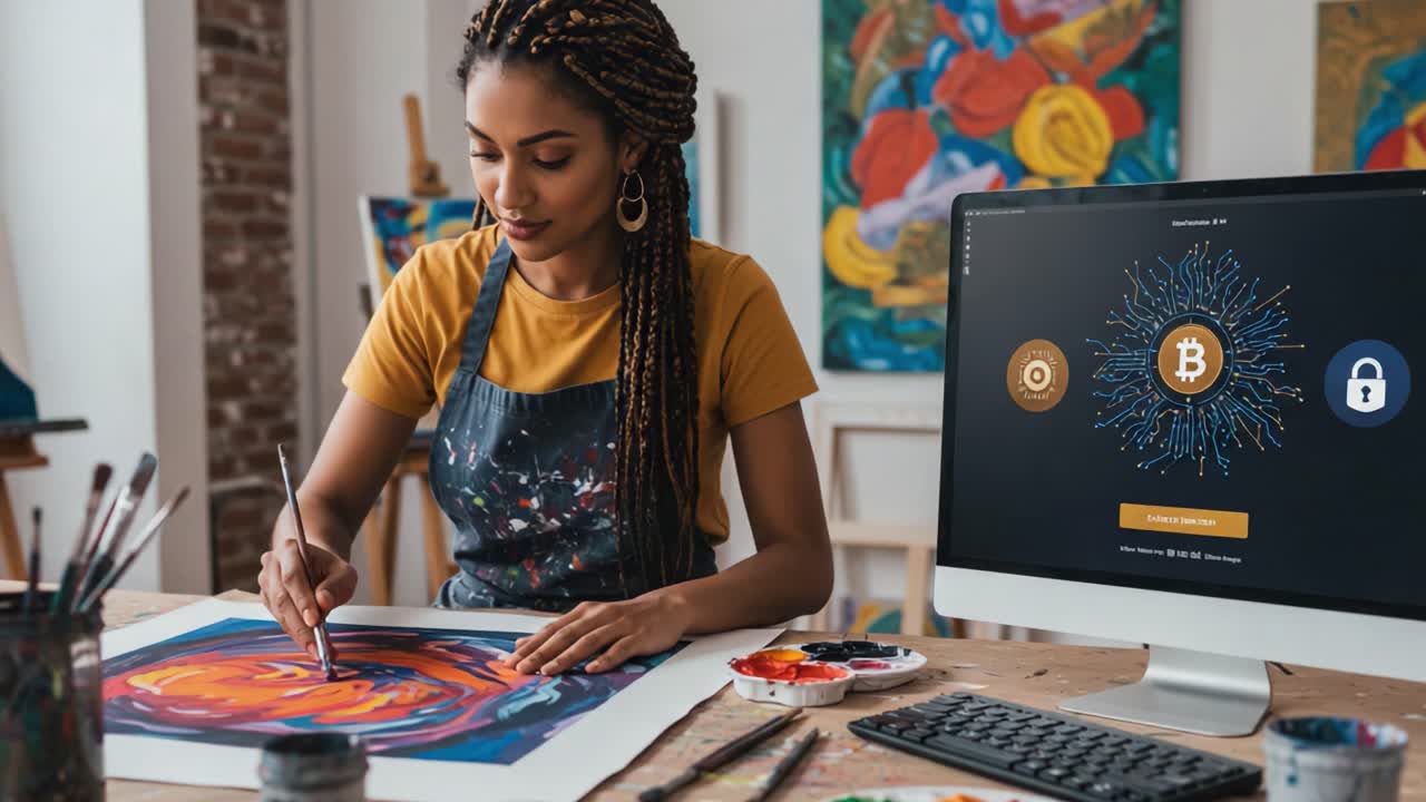 An Artist Immersed in Creation: Captivating Moments in a Colorful Studio with Digital Elements Integrating Technology and Creativity in a Contemporary Setting