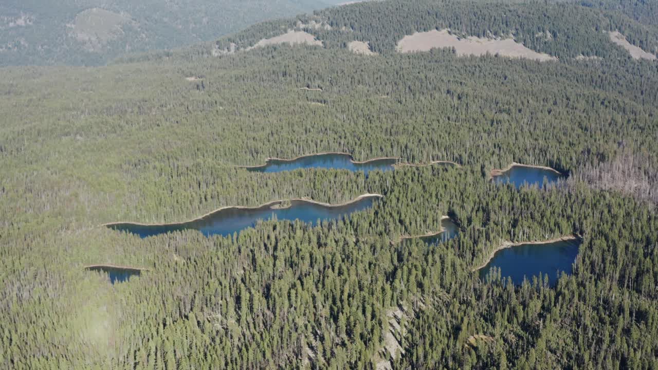 Slow motion Top view of the clear sky Lakes wilderness, small lakes in between the wilderness of a forest in a mild cold climate in a natural background