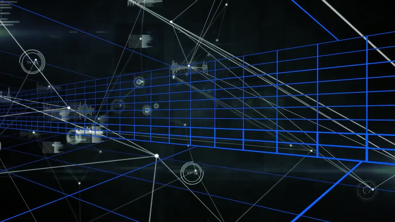 어두운 배경 위에 연결 네트워크와 아이콘의 애니메이션