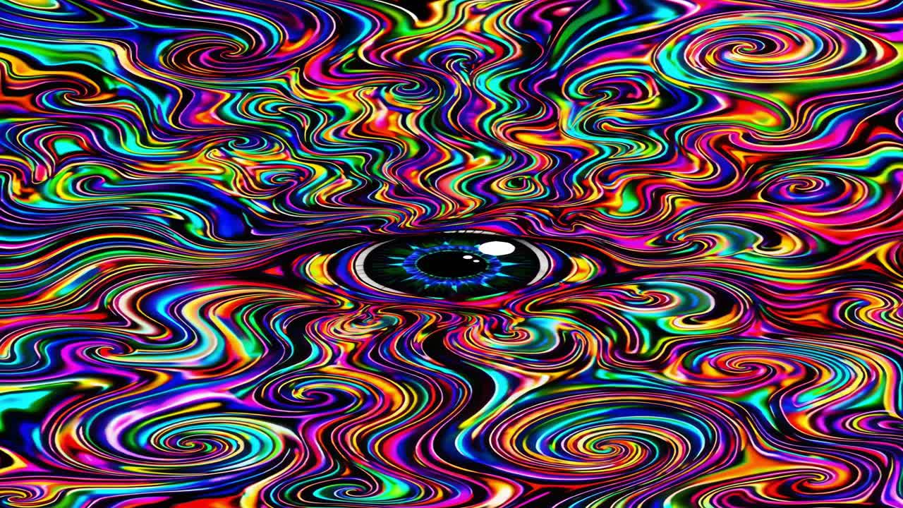 Vivid spiral pattern swirling around piercing central eye, generating hypnotic visual energy with intense colorful movement