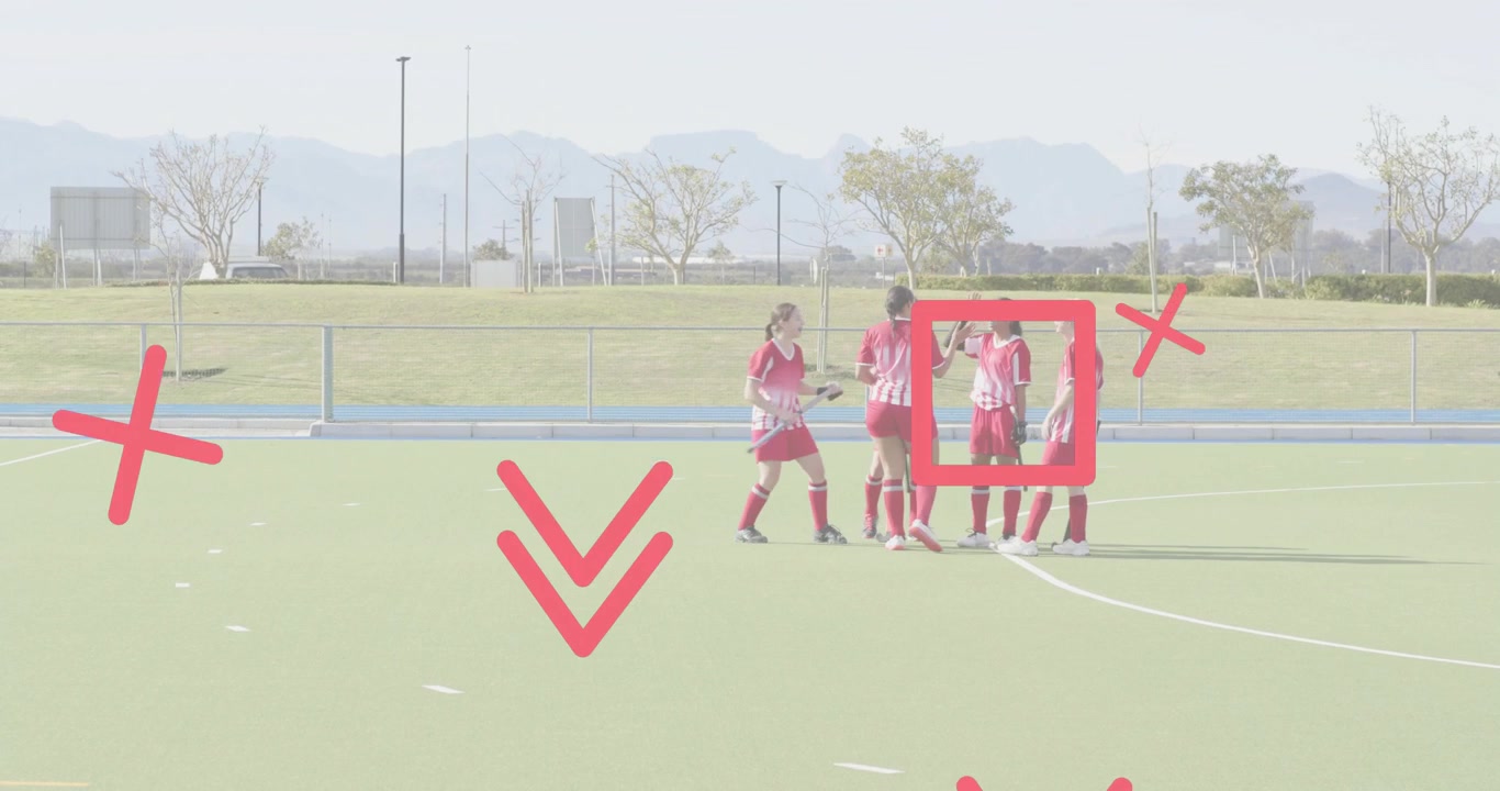 Scoring goal sparking field hockey team gathering with score overlay then checking injured teammate