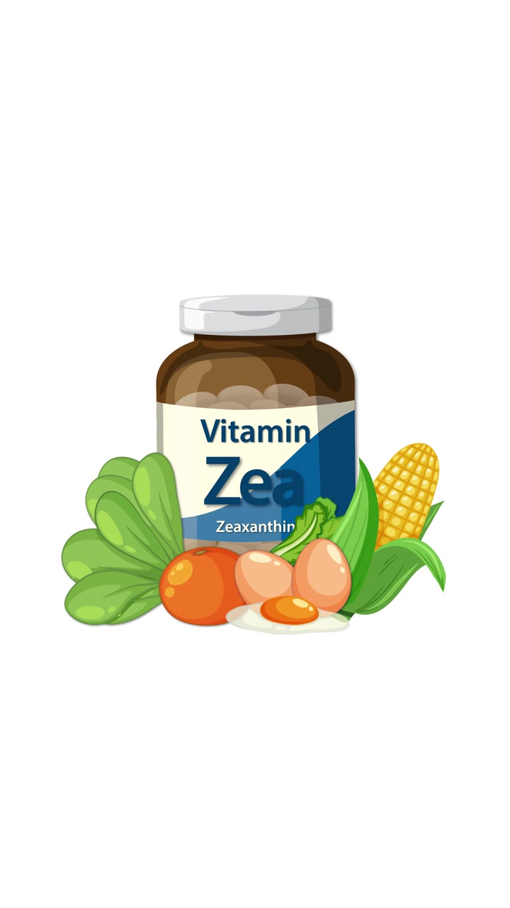 Vitamin supplement bottle with label, vegetables, eggs, and corn appear on clean white background