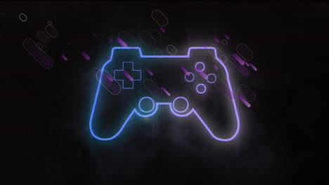 neon gaming controller icon over purple light trails falling against black background