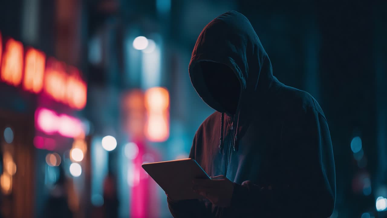Mysterious Figure in a Hoodie: A Shadowy Character Engrossed in a Tablet Amid an Urban Nightscape with Glowing Neon Lights and an Air of Intrigue