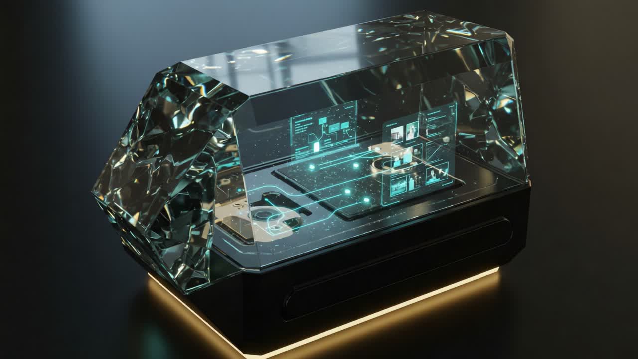 Futuristic Interactive Display Technology Encased in a Crystal Structure Showcasing Advanced Digital Interfaces and Data Visualizations