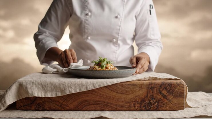 Maîtrise culinaire : Un chef présente un plat exquis avec soin et précision, mettant en valeur l'art gastronomique sur une table en bois rustique sous un ciel dramatique