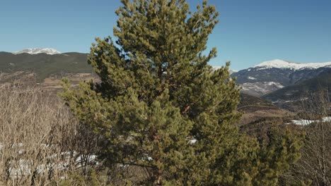 pyrenees mountain region with lowland snow covered viewed drone take off