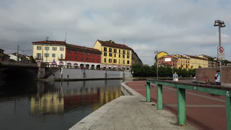 długa sekwencja ujęcia obszaru doku rzeki navigli w mediolanie, pustego i opuszczonego, z kilkoma osobami chodzącymi w maskach na twarz