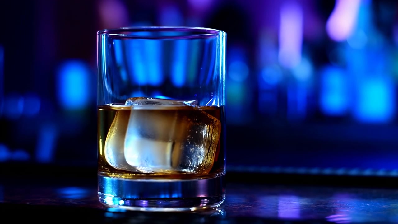 Un bicchiere di vetro trasparente riempito con liquore ambrato e ghiaccio si trova su un bancone da bar scuro e riflettente, con luci colorate sfocate e bottiglie luminose sullo sfondo.