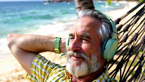 older man with headphones resting in a hammock on the beach in vacation.