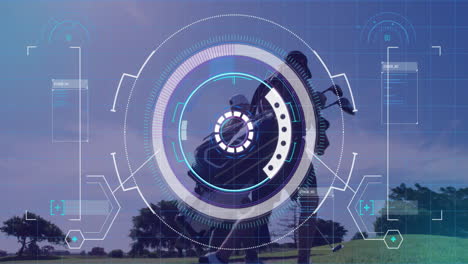 silhouetted bull head displaying technology hud in field, with chain, circular reticle, data panels