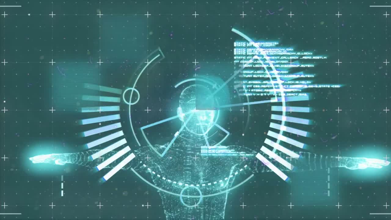 녹색 배경에 회전하는 인체 모델에 대한 둥근 스캐너와 빛의 흔적