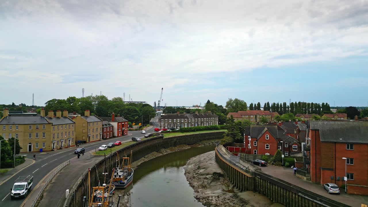 Breathtaking aerial drone footage displays Boston, Lincolnshire: Port, ships, Saint Botolph Church , Saint Botolph&rsquo;s Bridge