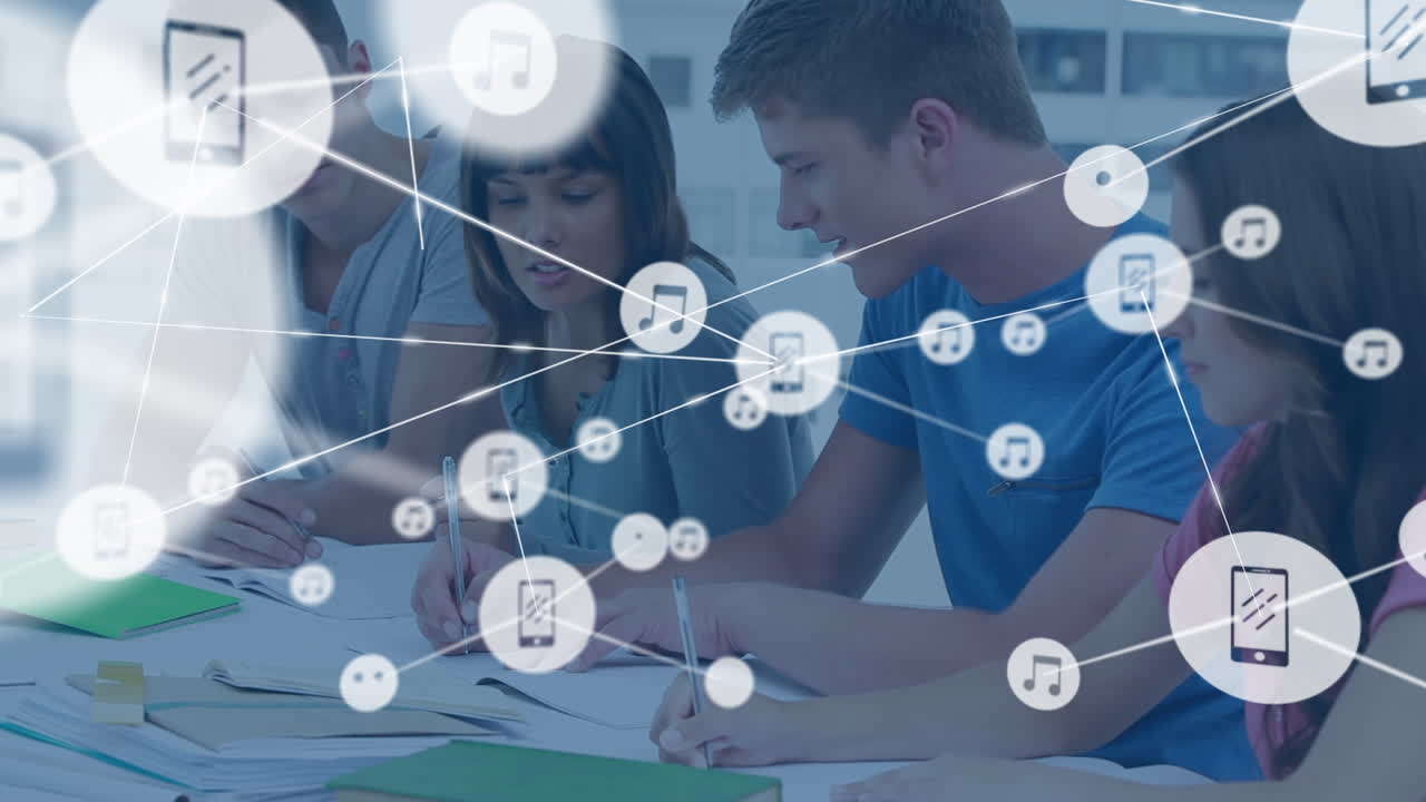 다양한 학생 그룹에 대한 아이콘과의 연결 네트워크의 애니메이션