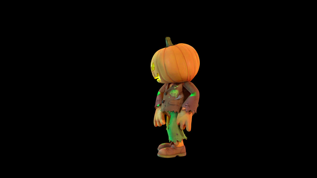 Personaggio animato con testa di zucca che fa la camminata da zombie
