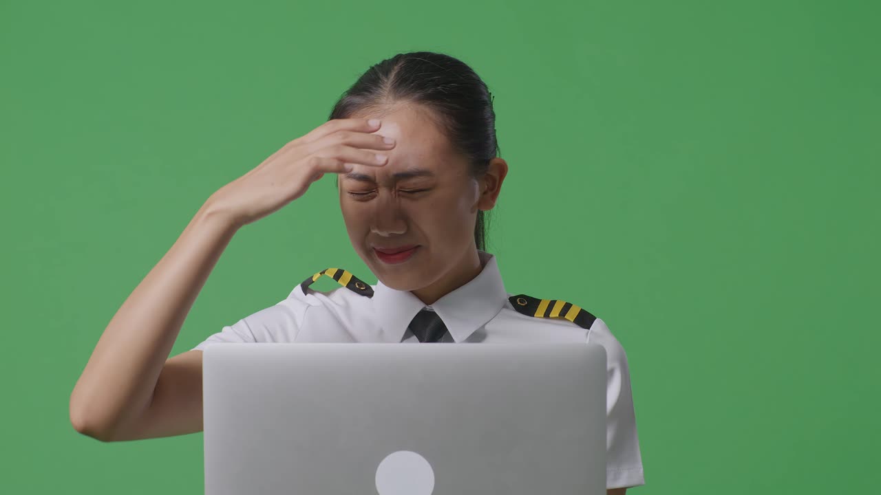 primer plano de una mujer piloto asiática usando una computadora portátil y teniendo dolor de cabeza mientras está de pie en el estudio de fondo de la pantalla verde