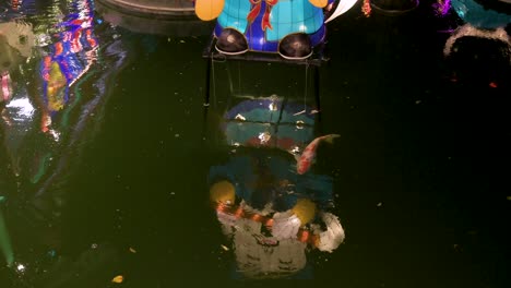 a red and white fish swims across the frame as a chinese lantern is seen reflected in the water at a nighttime lantern show during the mid-autumn festival