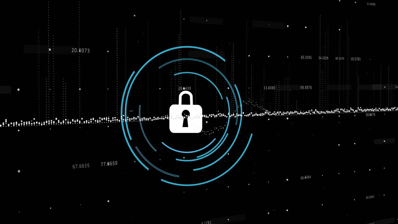 Animation of digital data processing over scope scanning with padlock