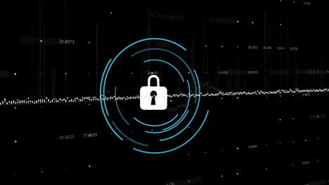 animation of digital data processing over scope scanning with padlock