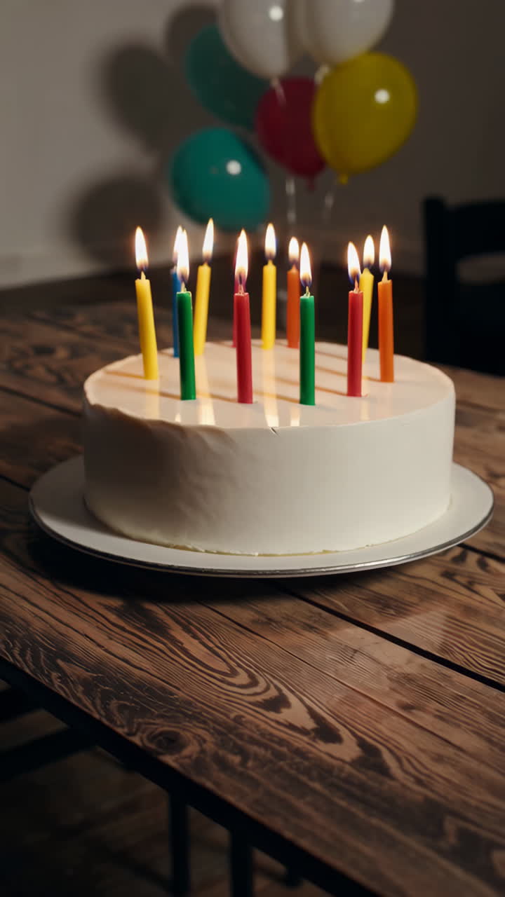 Birthday Cake with Candles on Wooden Table