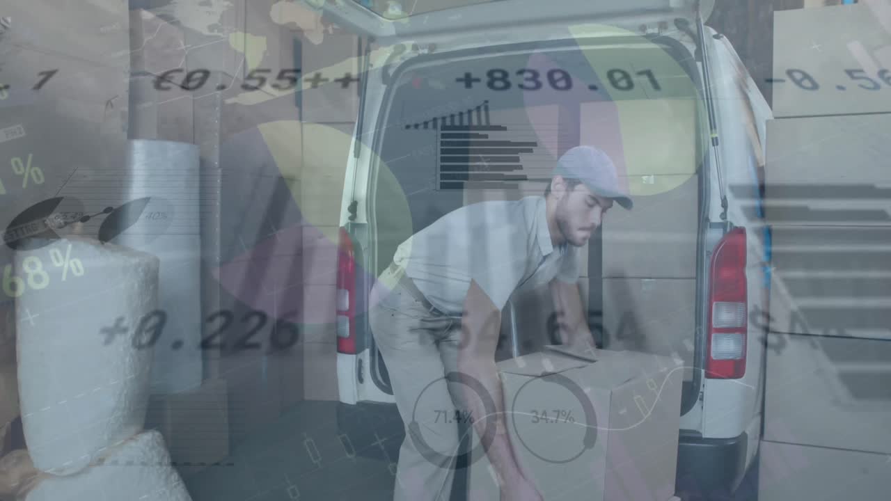 인포그래픽 인터페이스 및 거래 보드의 애니메이션, 백인 남자가 밴에 상자를 배치합니다.