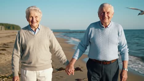 cherishing the golden years: an endearing moment of two seniors walking hand in hand along a serene beach at sunset, embracing life's simple joys together