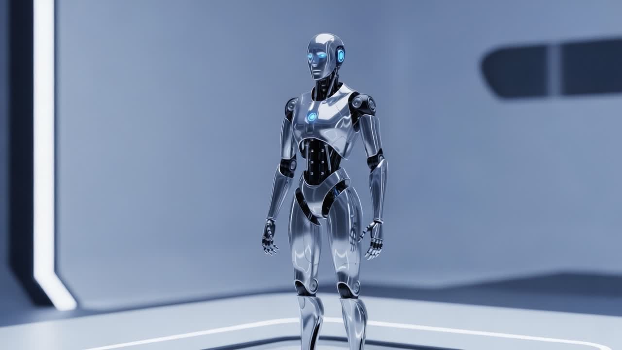 A futuristic humanoid robot stands prominently in a sleek, modern environment, showcasing advanced technology and design, embodying the essence of robotics innovation.