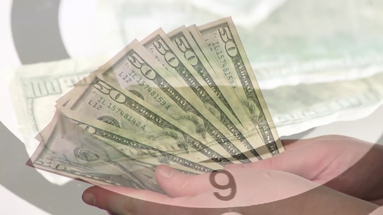 Animation of banknotes falling over hands counting banknotes
