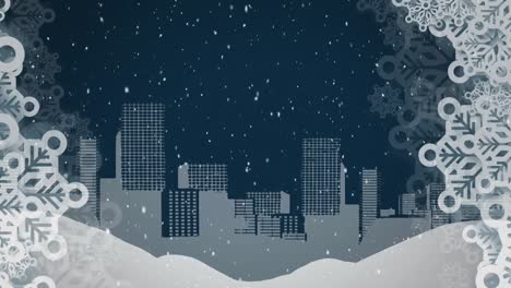 animation of christmas snow falling over modern buildings and night sky with snowflake borders
