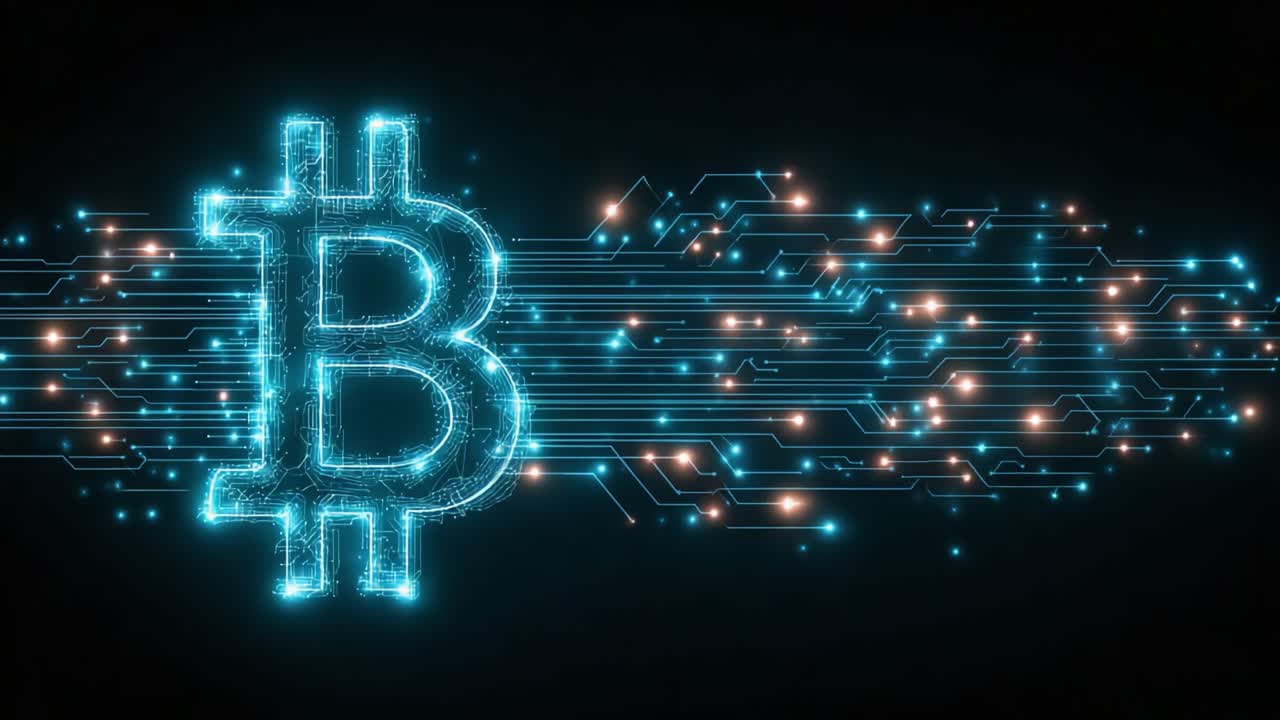 Futuristic Digital Representation of Bitcoin with Glowing Circuit Lines, Capturing the Essence of Cryptocurrency in a High-Tech Environment