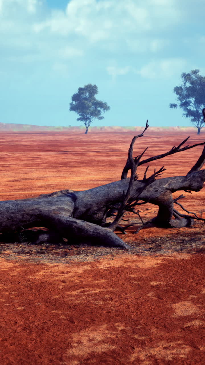 Dried tree trunk on cracked earth under a blue sky with clouds