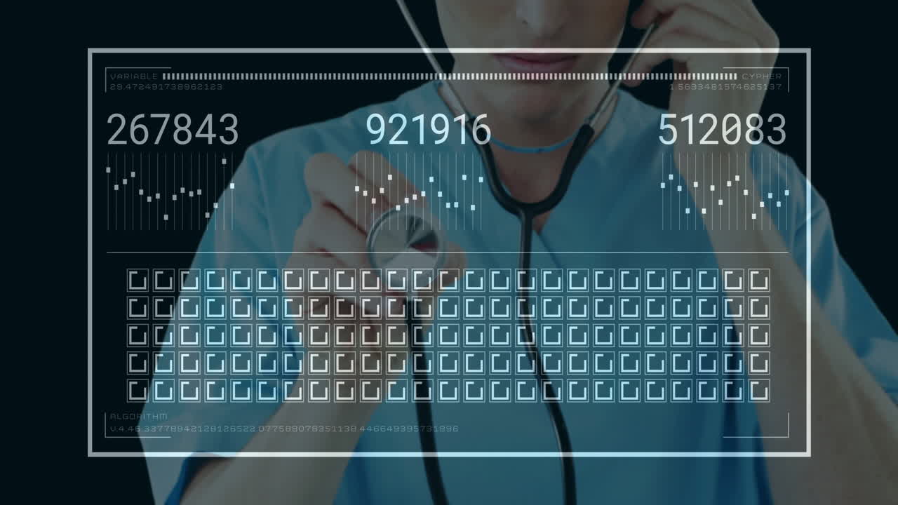 Using stethoscope, healthcare professional analyzing digital data overlay on screen