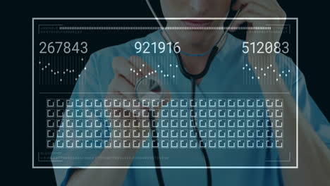 using stethoscope, healthcare professional analyzing digital data overlay on screen