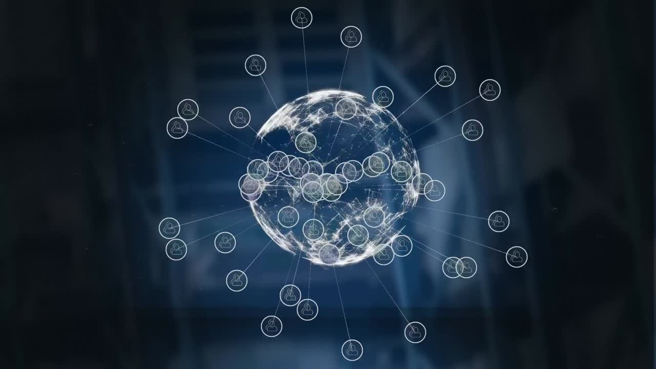 Multiple digital icons over globe spinning against warehouse in background