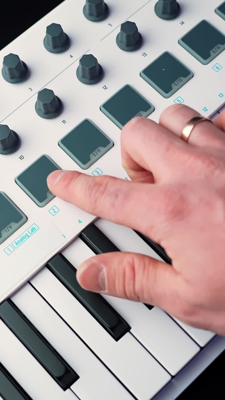 Close-up of hand with wedding ring tapping drum pads on a MIDI keyboard controller in a home studio, shallow depth of field for music production and beatmaking b-roll