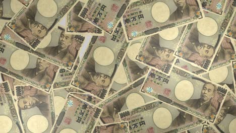 10000 japanese yen bills background. many banknotes.