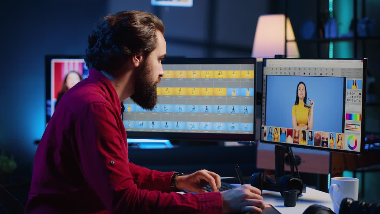 fotógrafo mejorando la calidad de las imágenes, corrigiendo defectos y ajustando el color, el contraste y el brillo