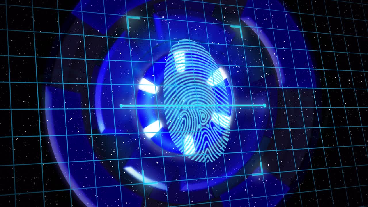 animación de huellas dactilares en espacio negro con candados digitales en escudos