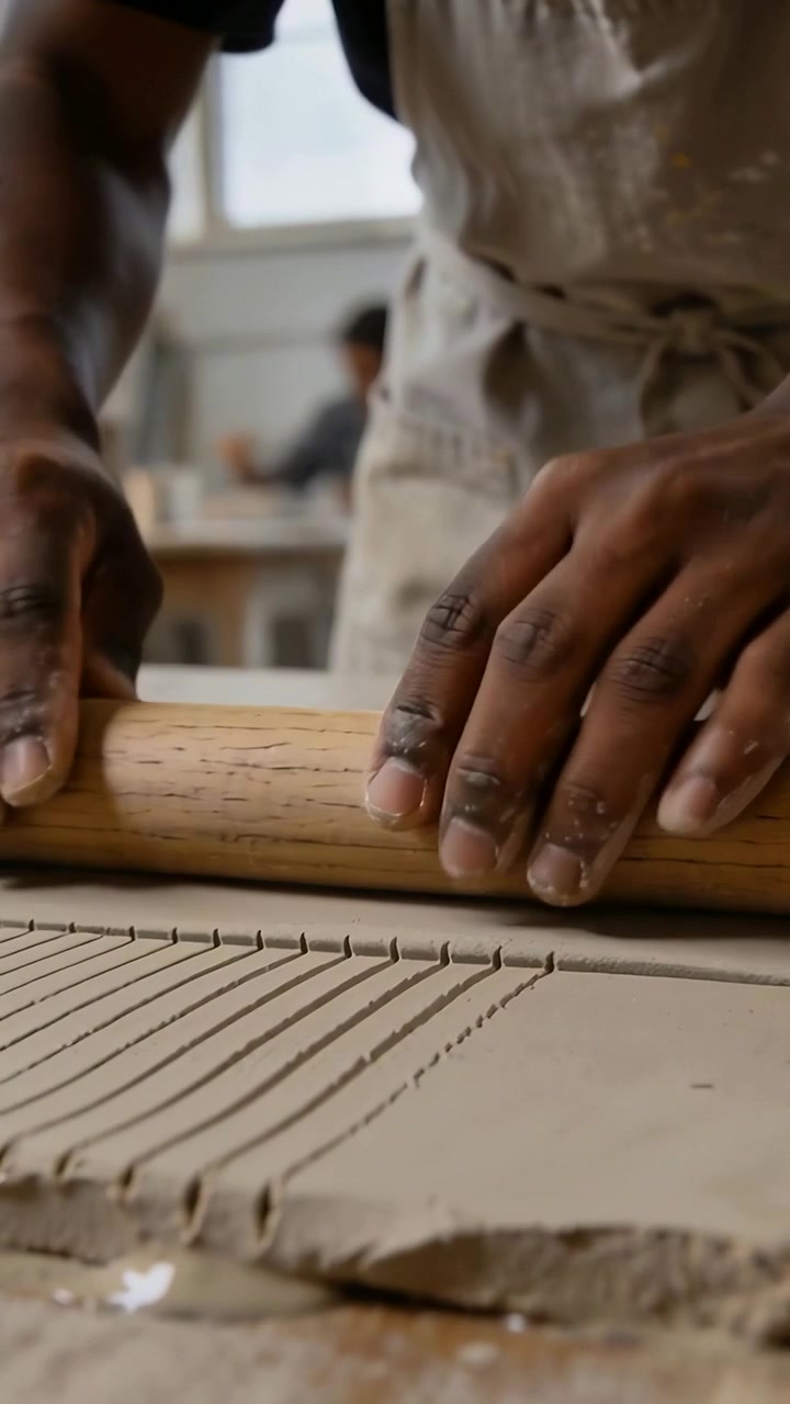 Vertical video: Pressing rolling pin, potter in apron rolling clay slab in studio to make grooves