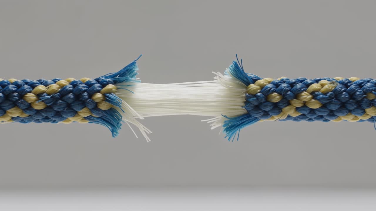 Close up of frayed nautical rope about to break under high tension