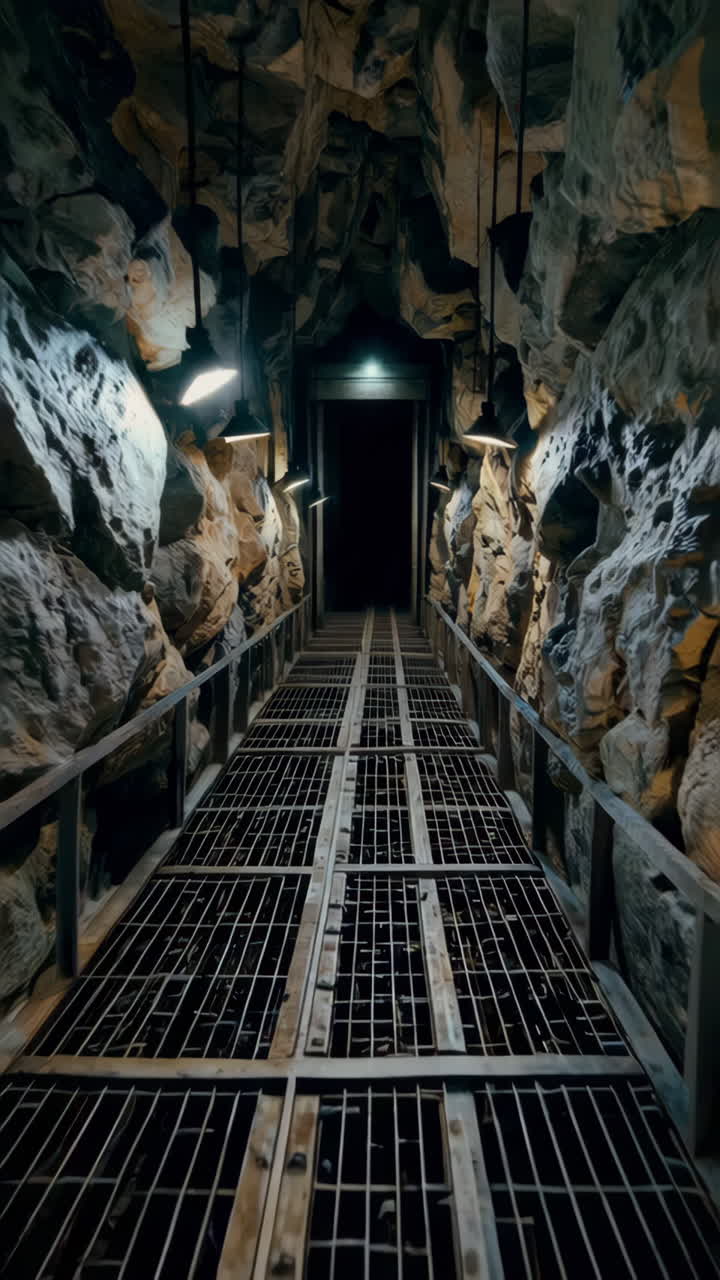 Dark Underground Tunnel with Metal Grate Path